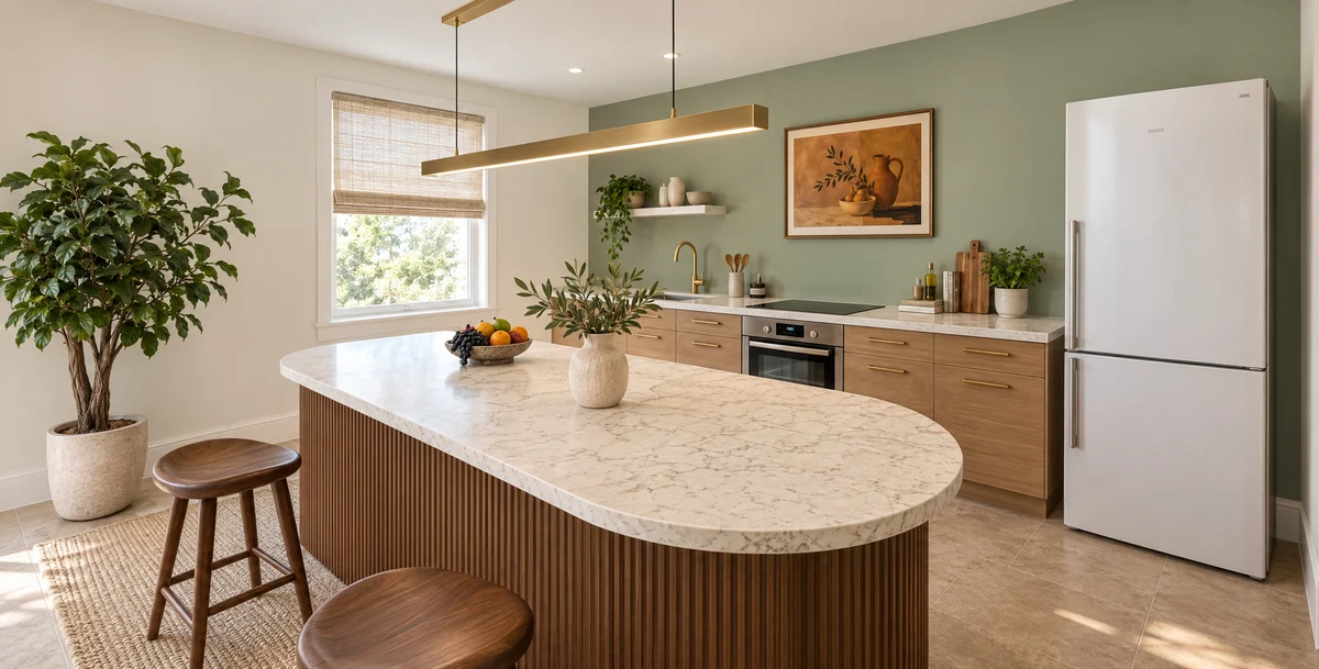 A kitchen with a marble island rendered from a plan drawn in myroomplanner