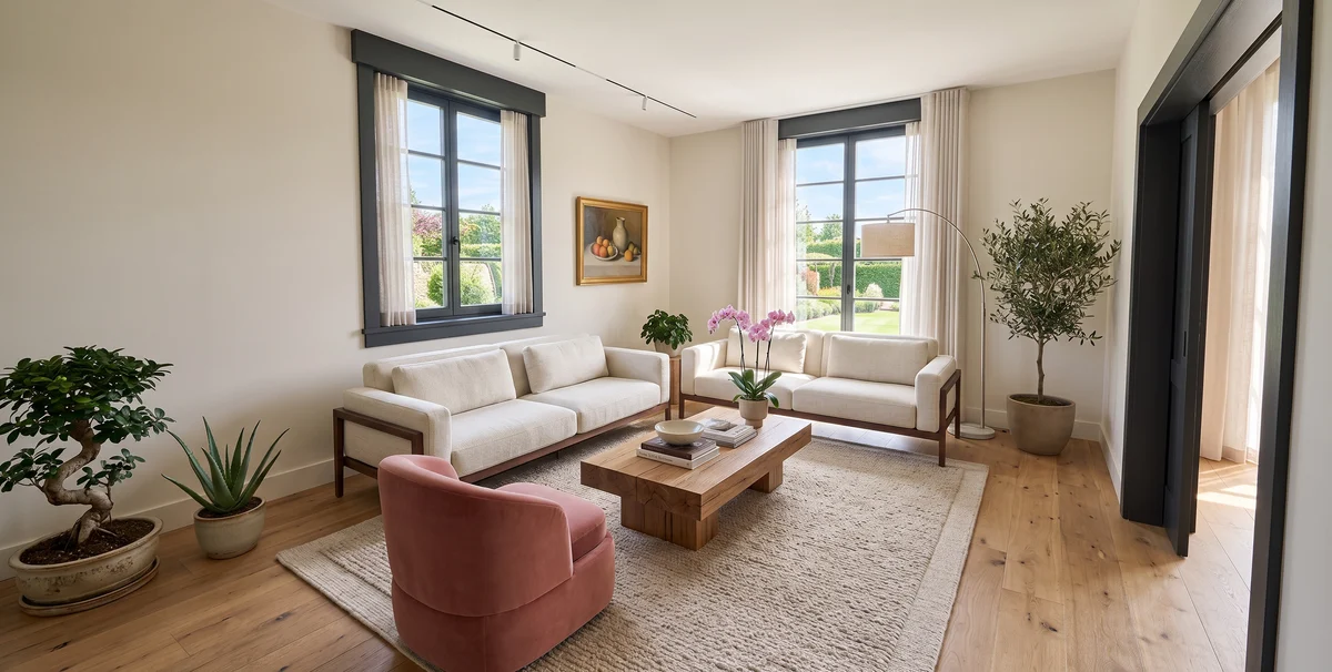 A living room with two linen sofas and a rose velvet chair, rendered from a plan drawn in myroomplanner