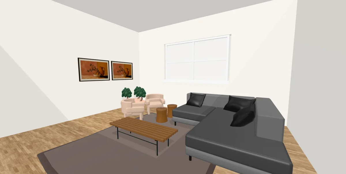 A living room with a grey sectional, wooden coffee table and two armchairs in the planner's 3D view